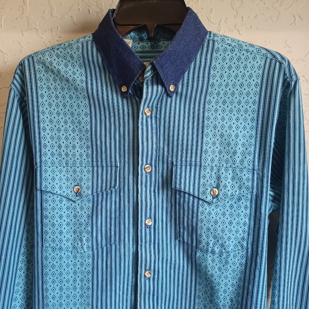 Vintage Western Frontier Shirt Blue Striped Diamond Print Button Down Small